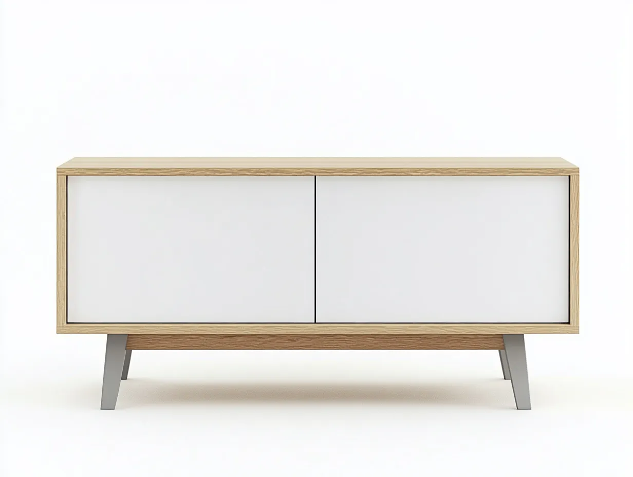 Meuble TV en bois 150×40×60 cm – blanc et chêne clair – avec espace de rangement-Habitatoliq