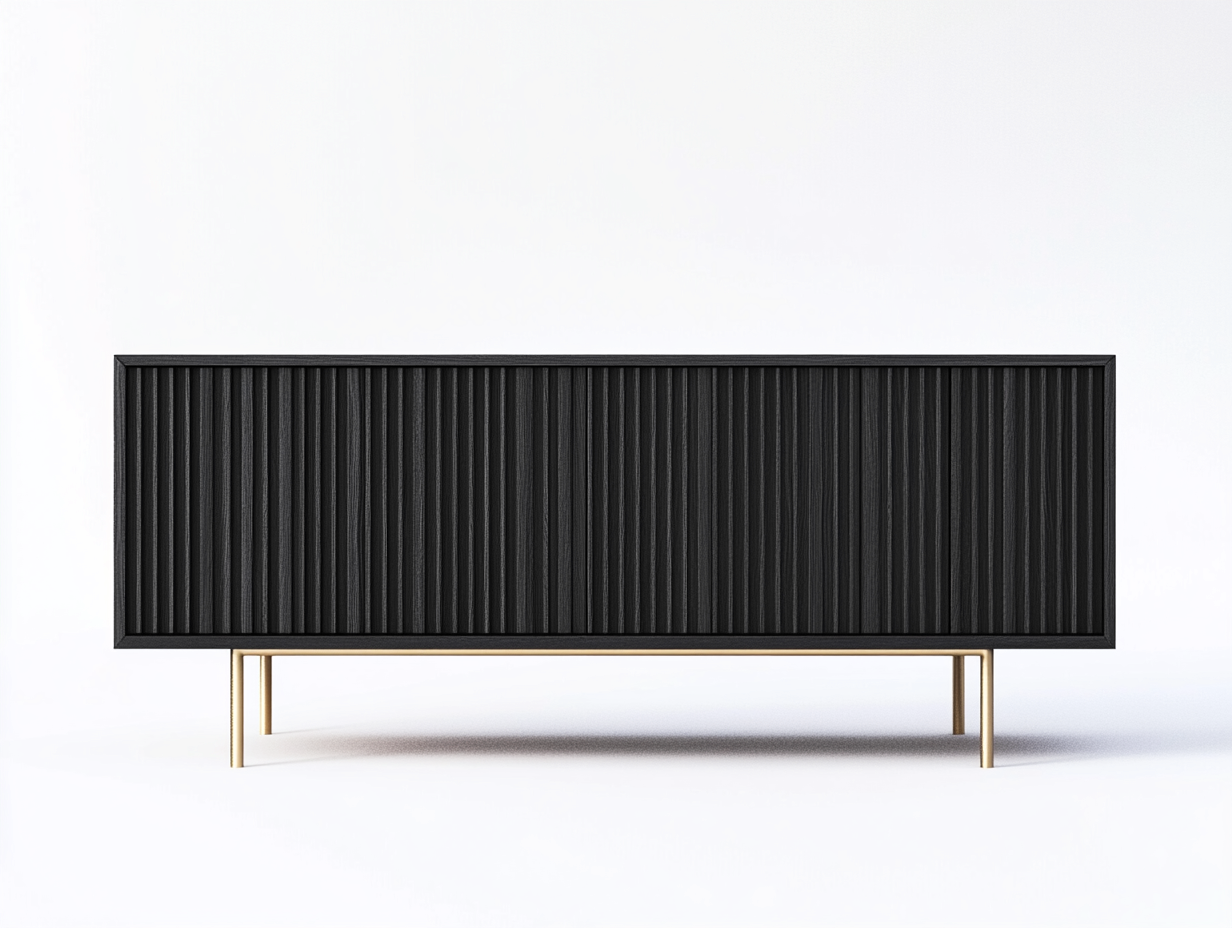 Meuble TV en bois noir 180×40×70 cm – façade nervurée – pieds métalliques dorés – avec espace de rangement-Habitatoliq