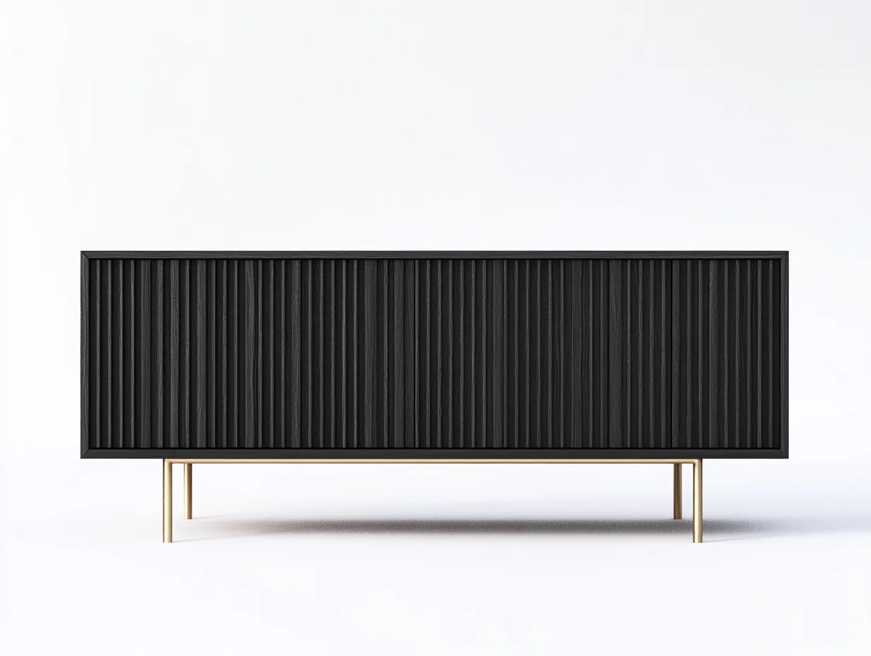 Meuble TV en bois noir 180×40×70 cm – façade nervurée – pieds métalliques dorés – avec espace de rangement-Habitatoliq