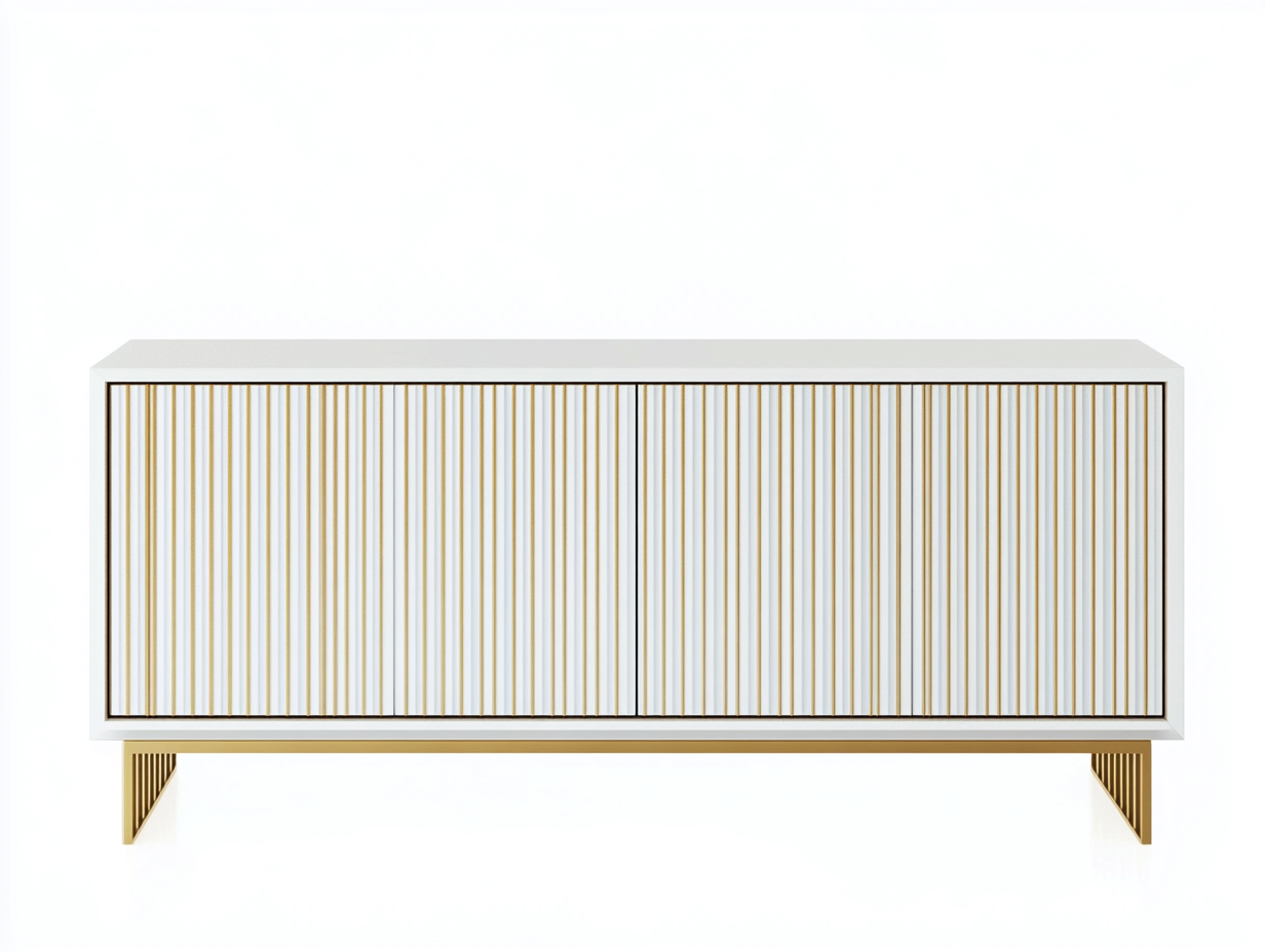 Meuble TV en bois 160×40×70 cm – blanc et doré – avec espace de rangement-Habitatoliq