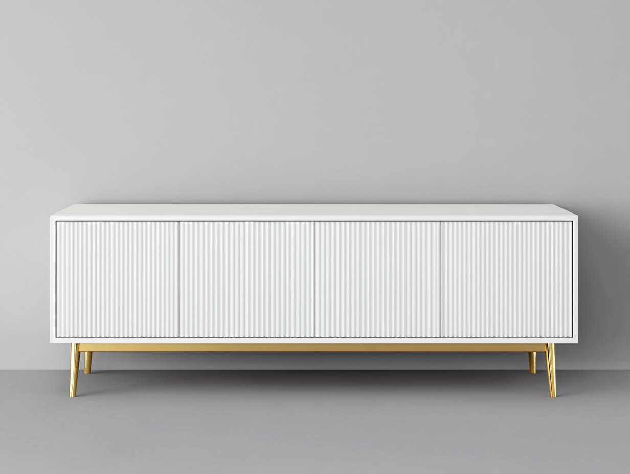 Meuble TV bois blanc 180×40×65 cm – pieds dorés – design moderne avec espace de rangement-Habitatoliq