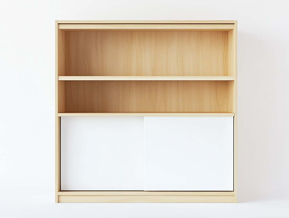 Étagère en bois 110×35×150 cm – chêne clair/blanc – avec portes coulissantes et espace de rangement-Habitatoliq