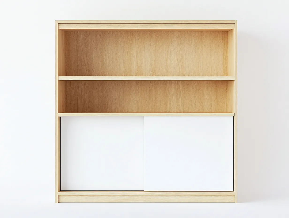 Étagère en bois 110×35×150 cm – chêne clair/blanc – avec portes coulissantes et espace de rangement-Habitatoliq