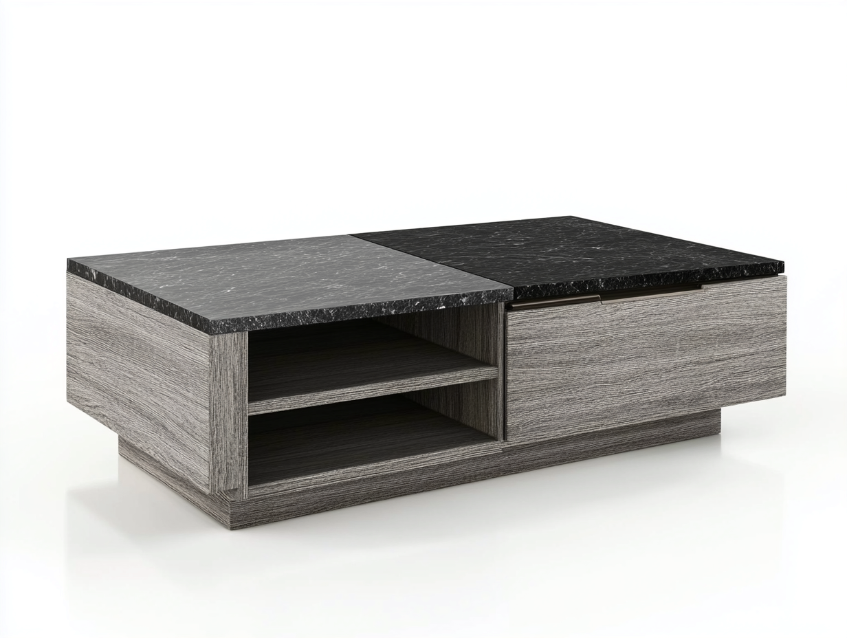 Table basse rectangulaire 120×60×38 cm – effet bois gris et marbre noir – design moderne avec rangement-Habitatoliq