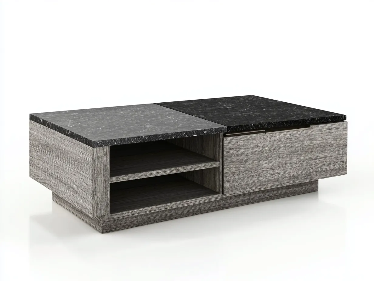 Table basse rectangulaire 120×60×38 cm – effet bois gris et marbre noir – design moderne avec rangement-Habitatoliq