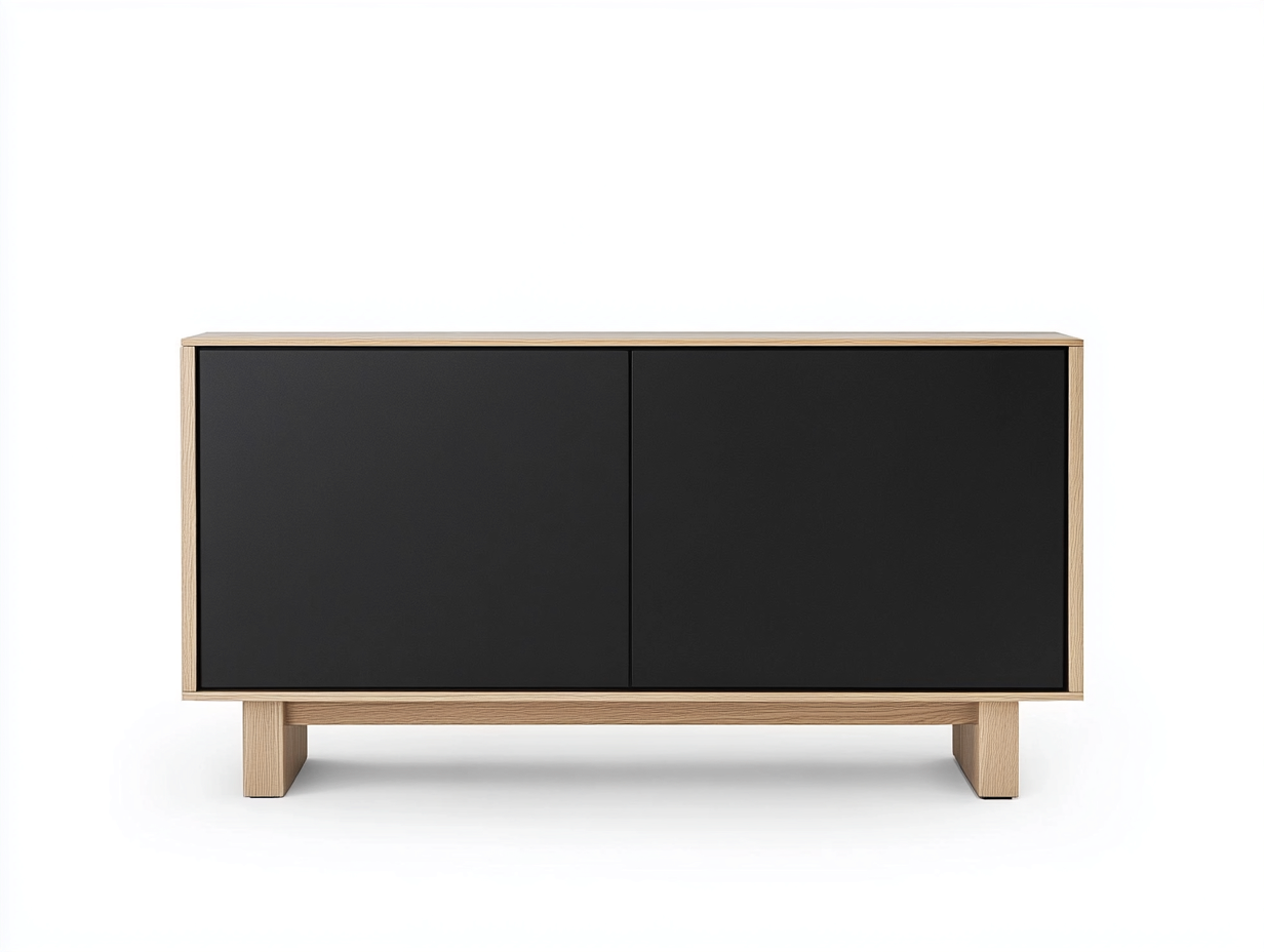 Meuble TV en bois chêne clair et noir 120×40×80 cm – finition mate – base en bois naturel – avec espace de rangement-Habitatoliq