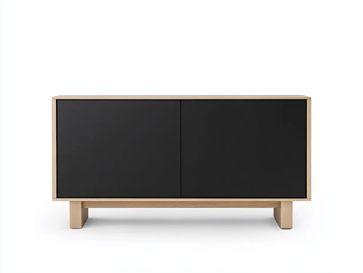 Meuble TV en bois chêne clair et noir 120×40×80 cm – finition mate – base en bois naturel – avec espace de rangement-Habitatoliq