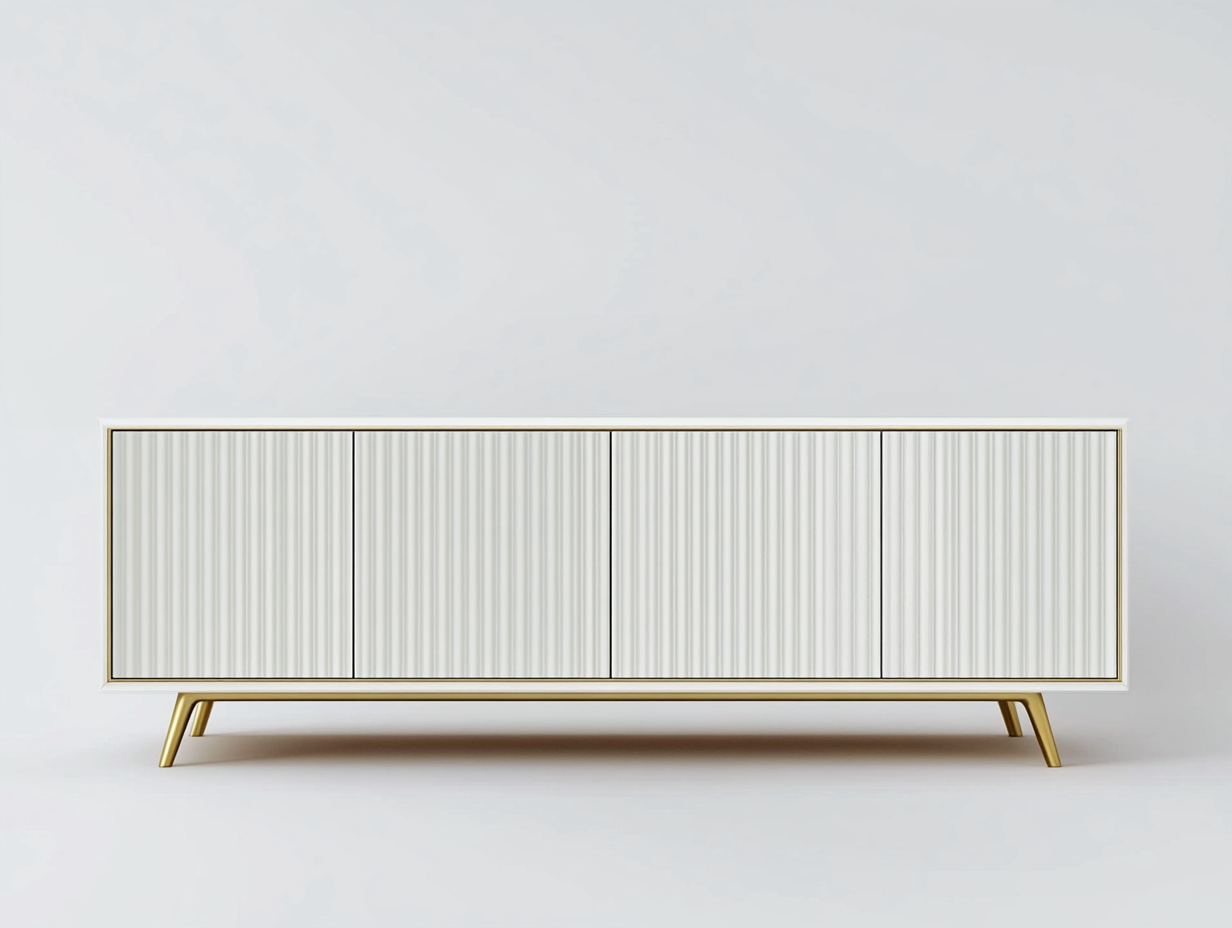 Meuble TV en bois blanc 180×40×75 cm – façades rainurées – pieds métalliques dorés – avec espace de rangement-Habitatoliq