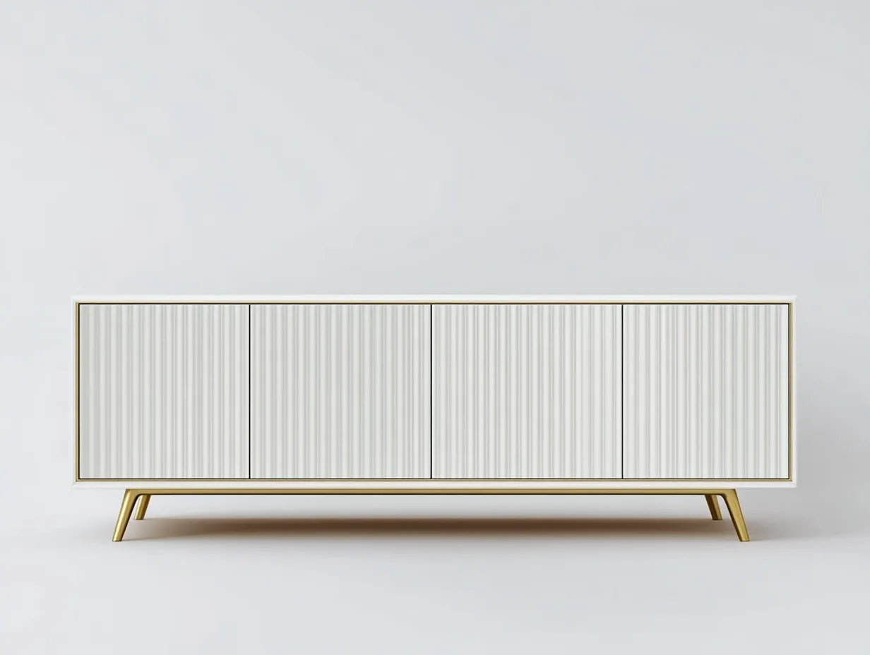 Meuble TV en bois blanc 180×40×75 cm – façades rainurées – pieds métalliques dorés – avec espace de rangement-Habitatoliq