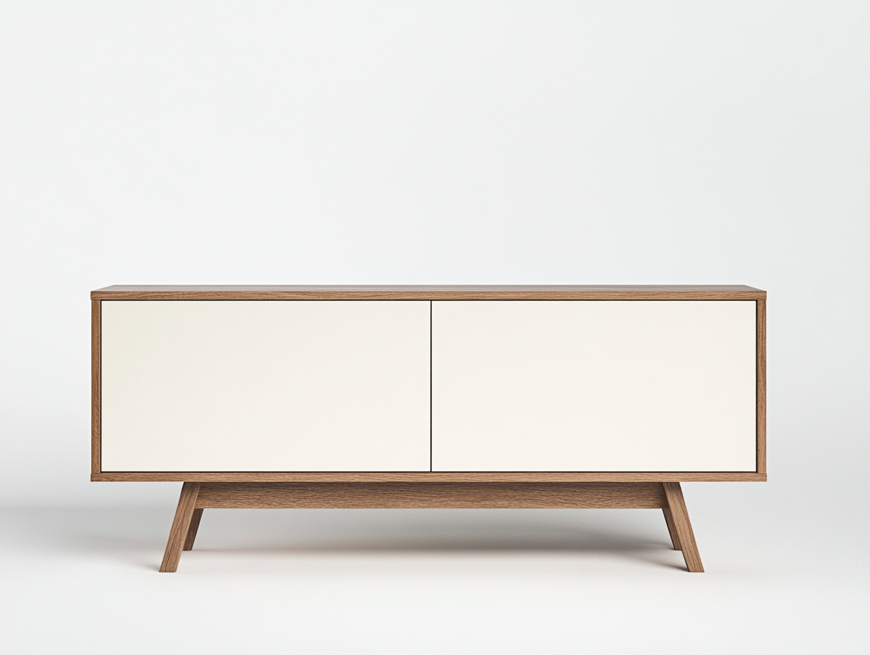Meuble TV bois noyer et blanc 160×40×65 cm – pieds inclinés – design scandinave avec espace de rangement-Habitatoliq