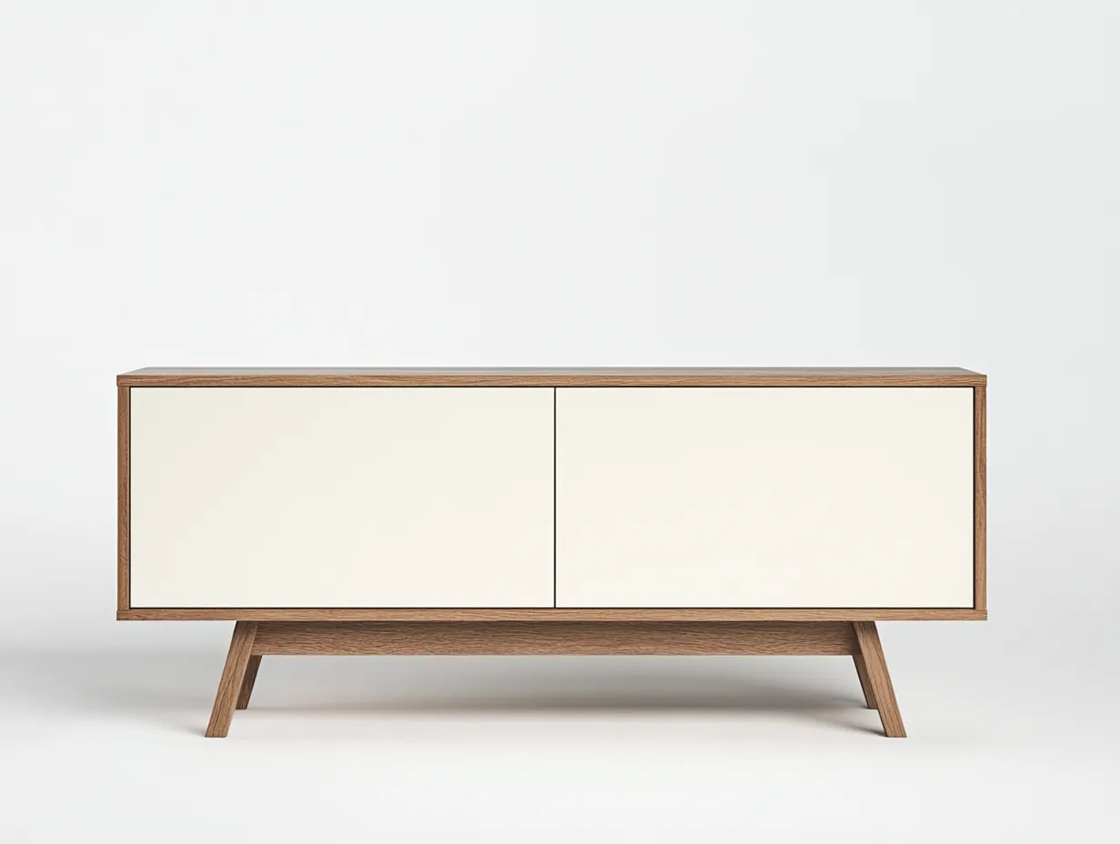 Meuble TV bois noyer et blanc 160×40×65 cm – pieds inclinés – design scandinave avec espace de rangement-Habitatoliq