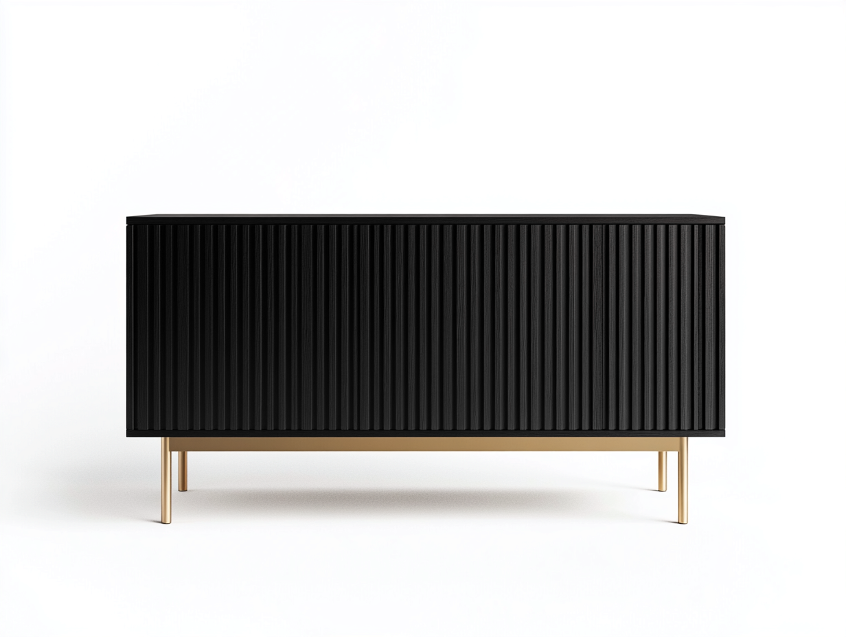 Meuble TV en bois noir 160×40×70 cm – façade nervurée – pieds métalliques dorés – avec espace de rangement-Habitatoliq