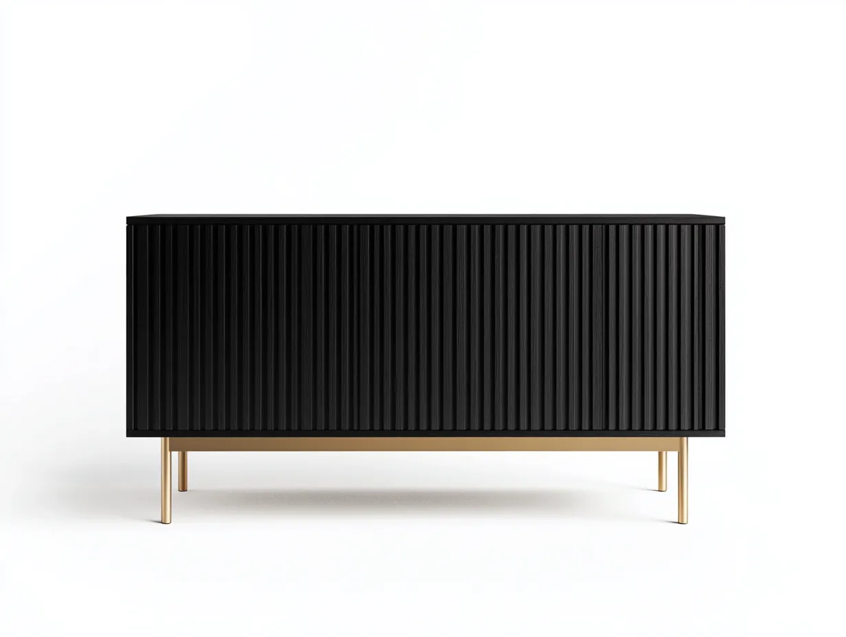 Meuble TV en bois noir 160×40×70 cm – façade nervurée – pieds métalliques dorés – avec espace de rangement-Habitatoliq