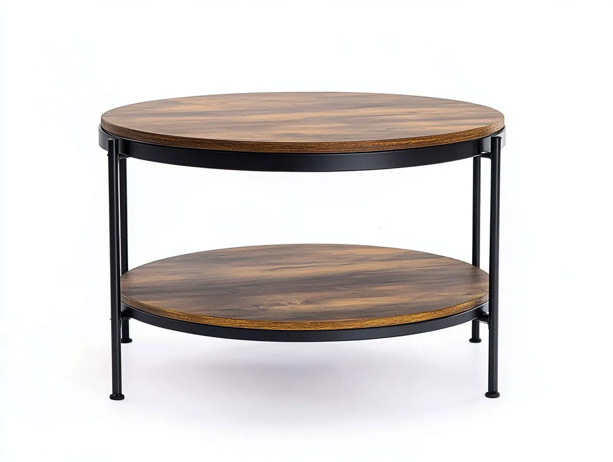 Table basse ronde 80×80×45 cm – plateau en bois effet noyer et structure en métal noir – avec tablette inférieure – style industriel moderne-Habitatoliq