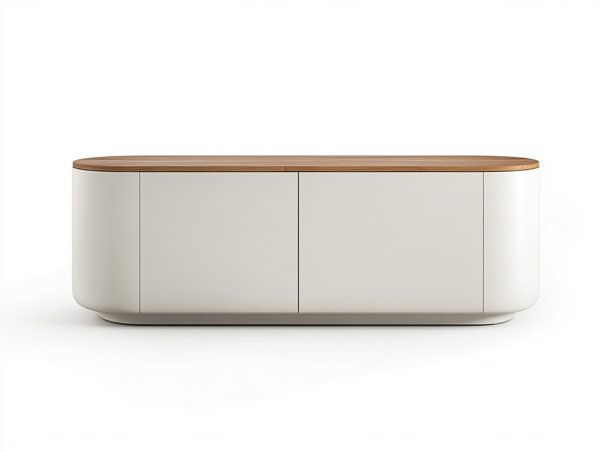Meuble TV bois blanc et chêne 160×40×65 cm – bords arrondis – design moderne avec espace de rangement-Habitatoliq