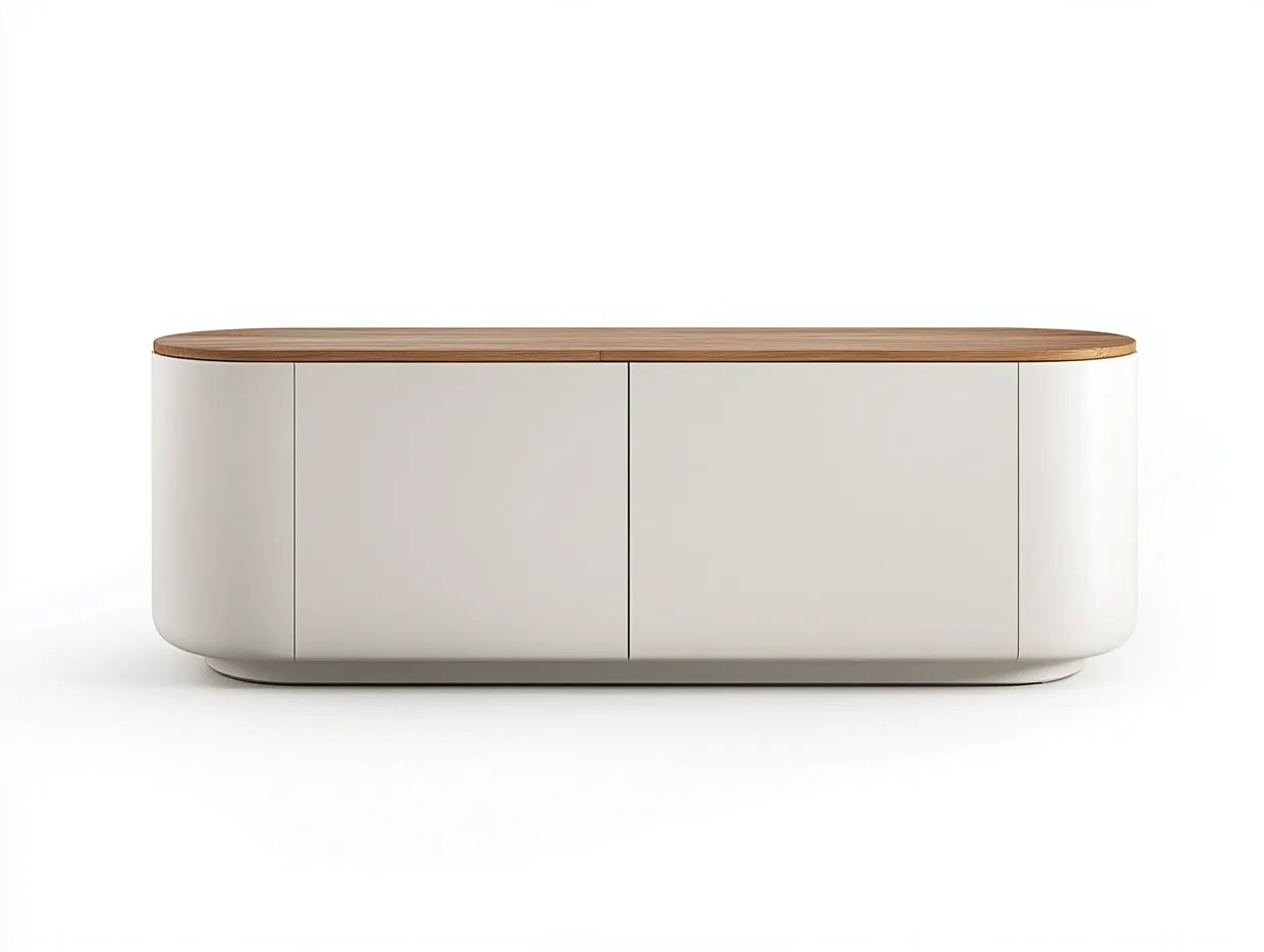 Meuble TV bois blanc et chêne 160×40×65 cm – bords arrondis – design moderne avec espace de rangement-Habitatoliq