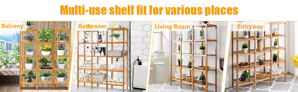5 Tier Multifunctional Bamboo Shelf Rock Plant Display Stand (12 Pots)