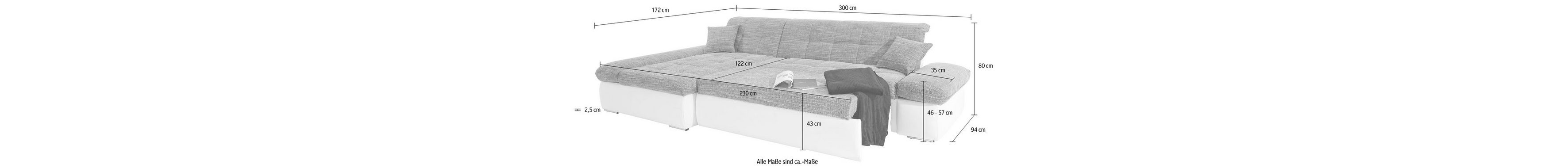 DOMO collection corner sofa Moric W/D/H 300/172/80 cm, also in corduroy, L-shape, XXL format, optionally with bed function and arm adjustment