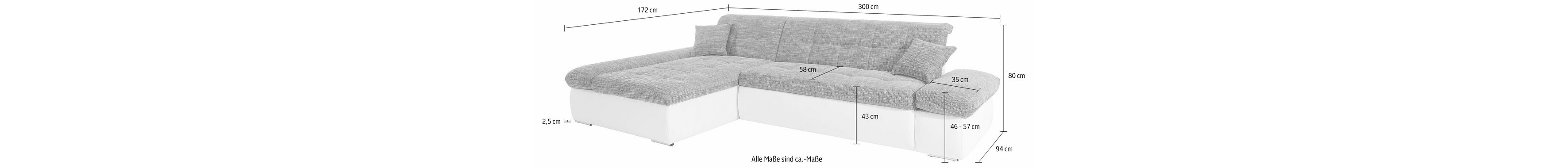 DOMO collection corner sofa Moric W/D/H 300/172/80 cm, also in corduroy, L-shape, XXL format, optionally with bed function and arm adjustment