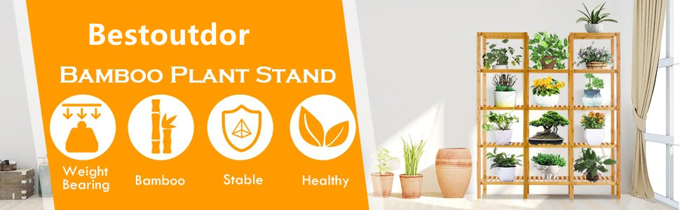 5 Tier Multifunctional Bamboo Shelf Rock Plant Display Stand (12 Pots)