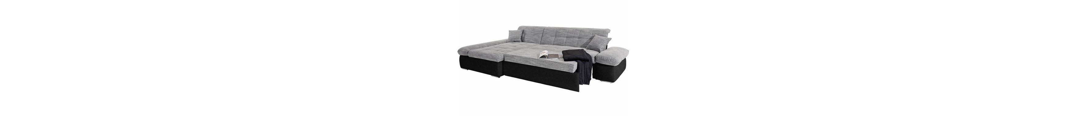 DOMO collection corner sofa Moric W/D/H 300/172/80 cm, also in corduroy, L-shape, XXL format, optionally with bed function and arm adjustment