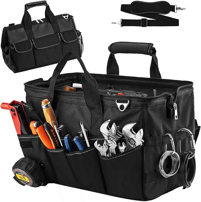 Werkzeugtasche, robuste Werkzeugtasche 16 Zoll, tragbare Werkzeugtasche mit Organizer, wasserdicht, weicher Griff und gepolsterter großer Reißverschluss, Schwarz