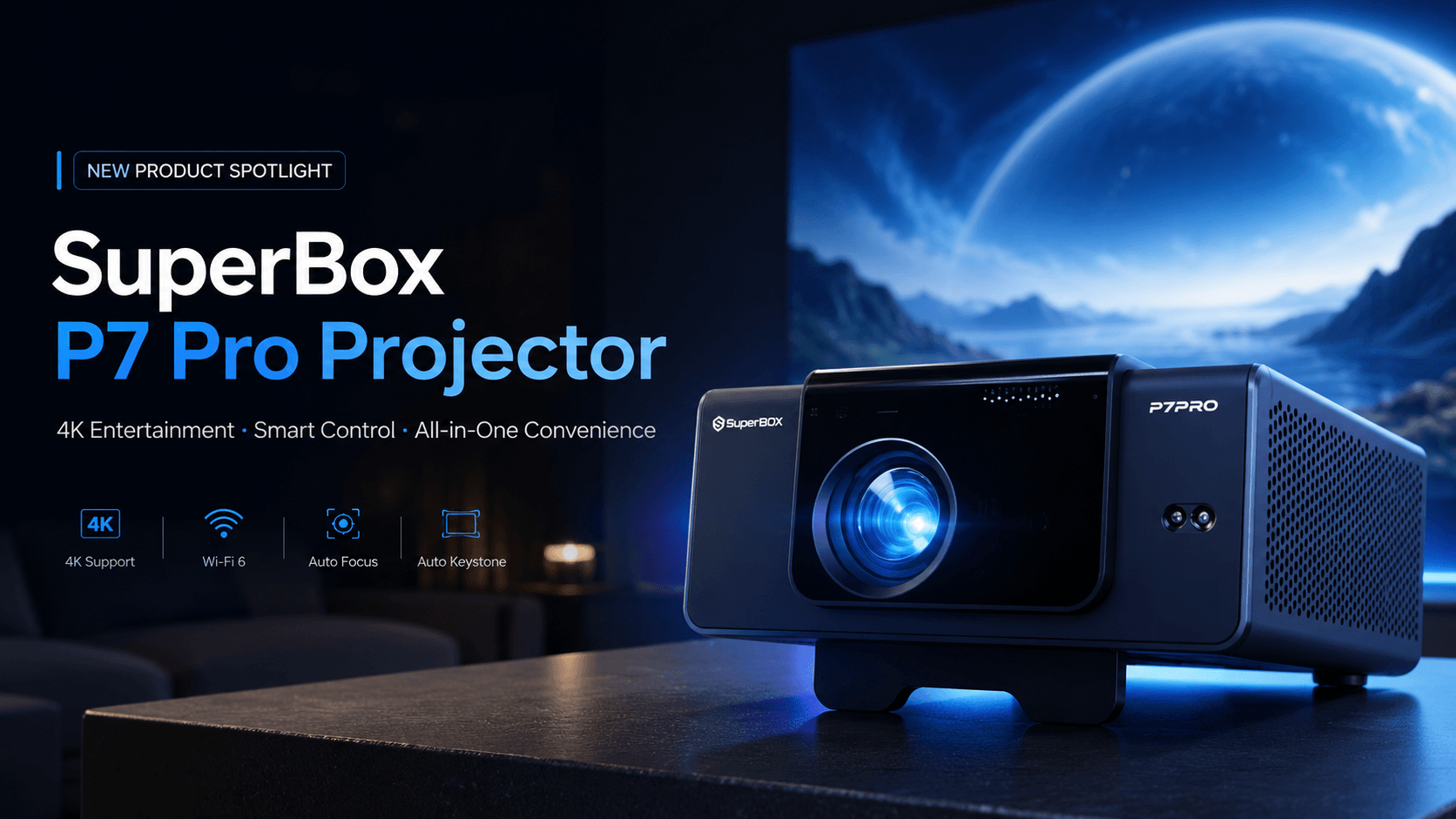 SuperBox P7 Pro 4K projector with smart control