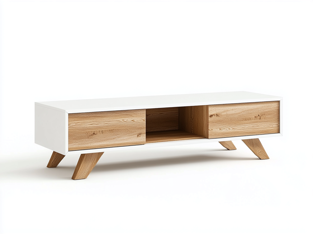 Meuble TV en bois MDF 150x40x50 cm - chêne clair et blanc - design scandinave avec pieds inclinés et espace de rangement-Nestlego