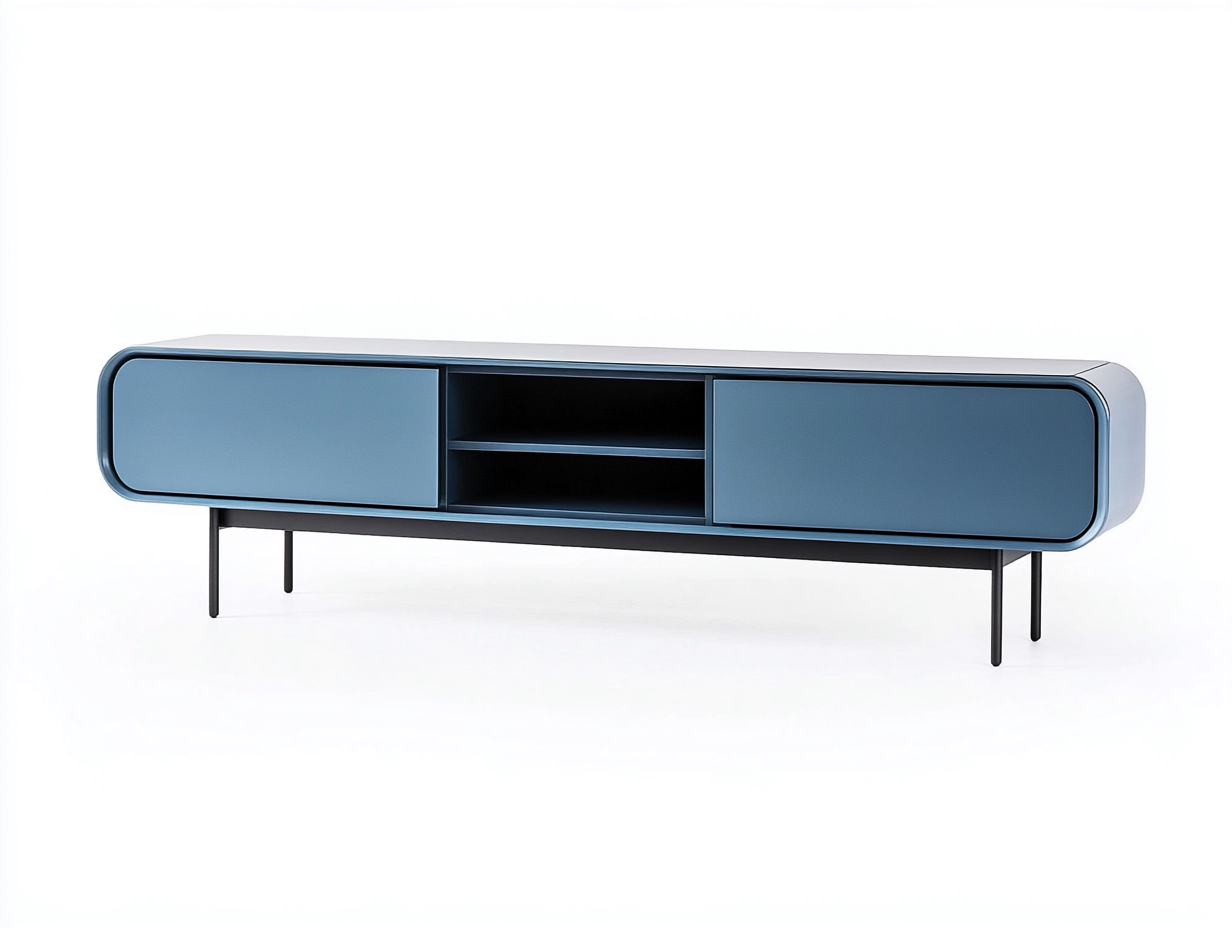 Meuble TV bois laqué 180x40x50 cm - bleu acier - design moderne avec rangement ouvert-Nestlego