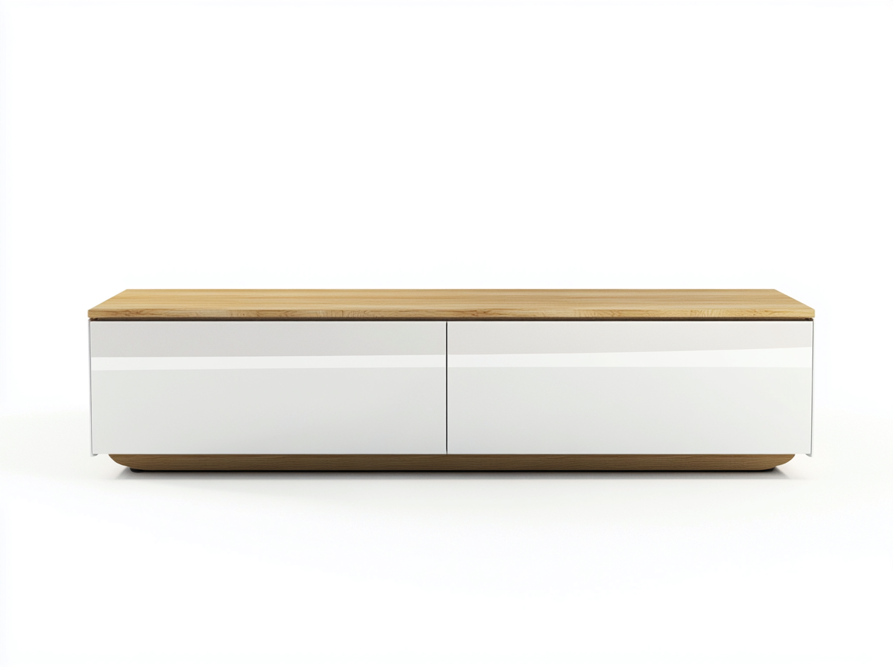 Meuble TV bois chêne clair 160x40x45 cm - blanc brillant/chêne clair - design moderne avec rangement fermé-Nestlego