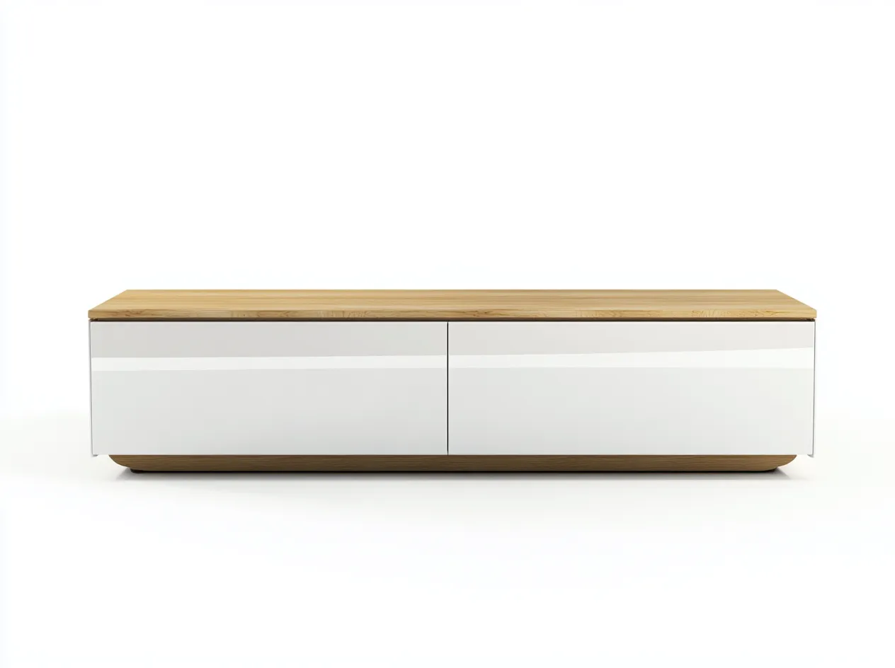 Meuble TV bois chêne clair 160x40x45 cm - blanc brillant/chêne clair - design moderne avec rangement fermé-Nestlego