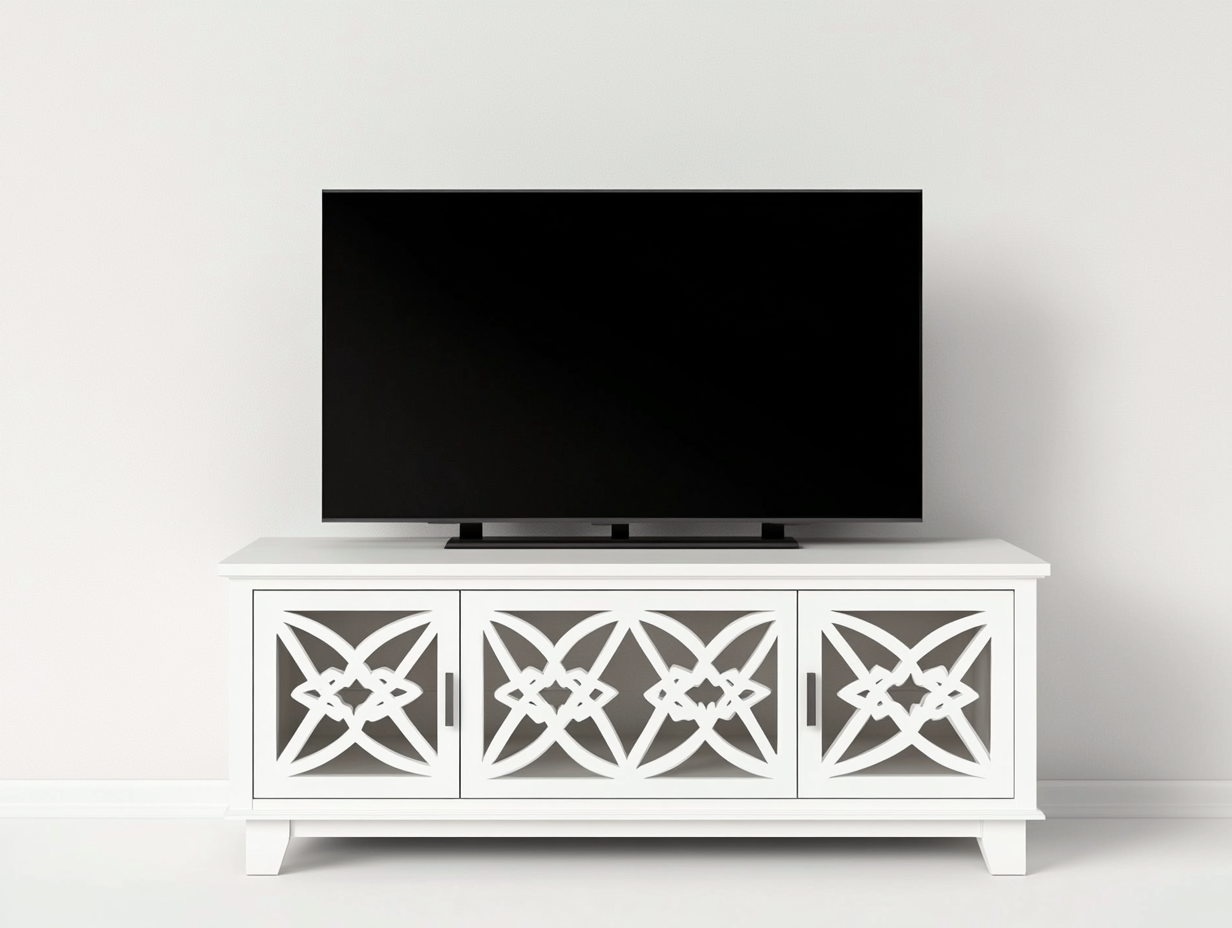 Meuble TV en bois MDF 140x40x70 cm - blanc - style classique avec portes ajourées à motifs géométriques-Nestlego