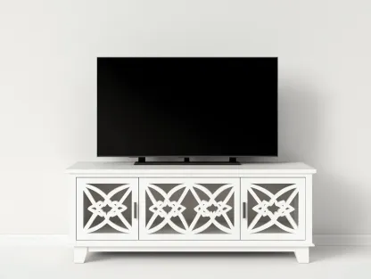 Meuble TV en bois MDF 140x40x70 cm - blanc - style classique avec portes ajourées à motifs géométriques-Nestlego