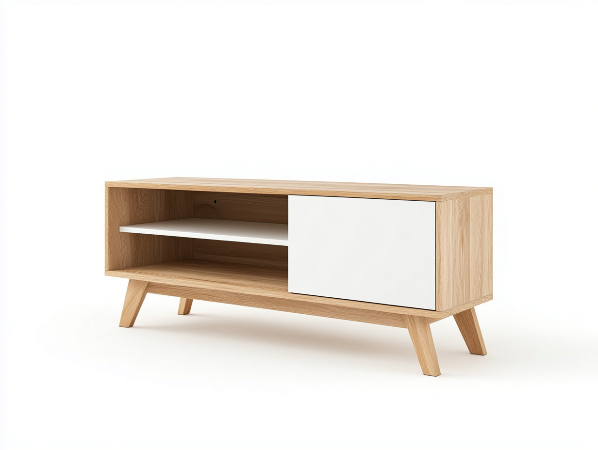 Meuble TV en bois MDF 120x40x60 cm - chêne clair et blanc - design scandinave compact avec pieds en bois inclinés et rangement ouvert-Nestlego
