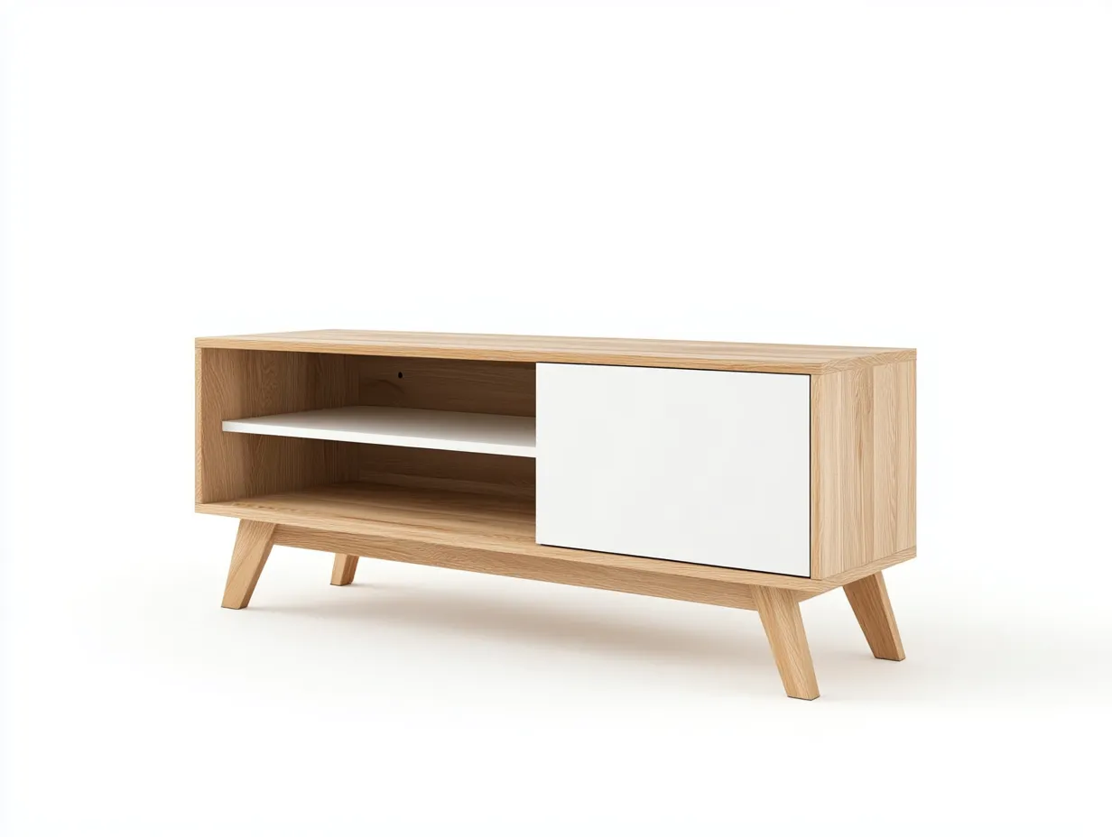 Meuble TV en bois MDF 120x40x60 cm - chêne clair et blanc - design scandinave compact avec pieds en bois inclinés et rangement ouvert-Nestlego