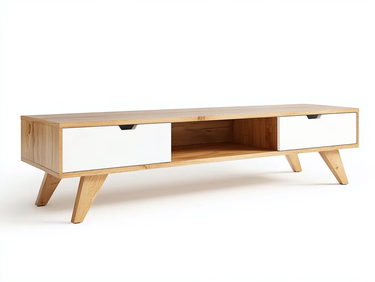 Meuble TV en bois MDF 180x40x50 cm - chêne clair et blanc - design scandinave avec pieds en bois inclinés et rangement ouvert-Nestlego