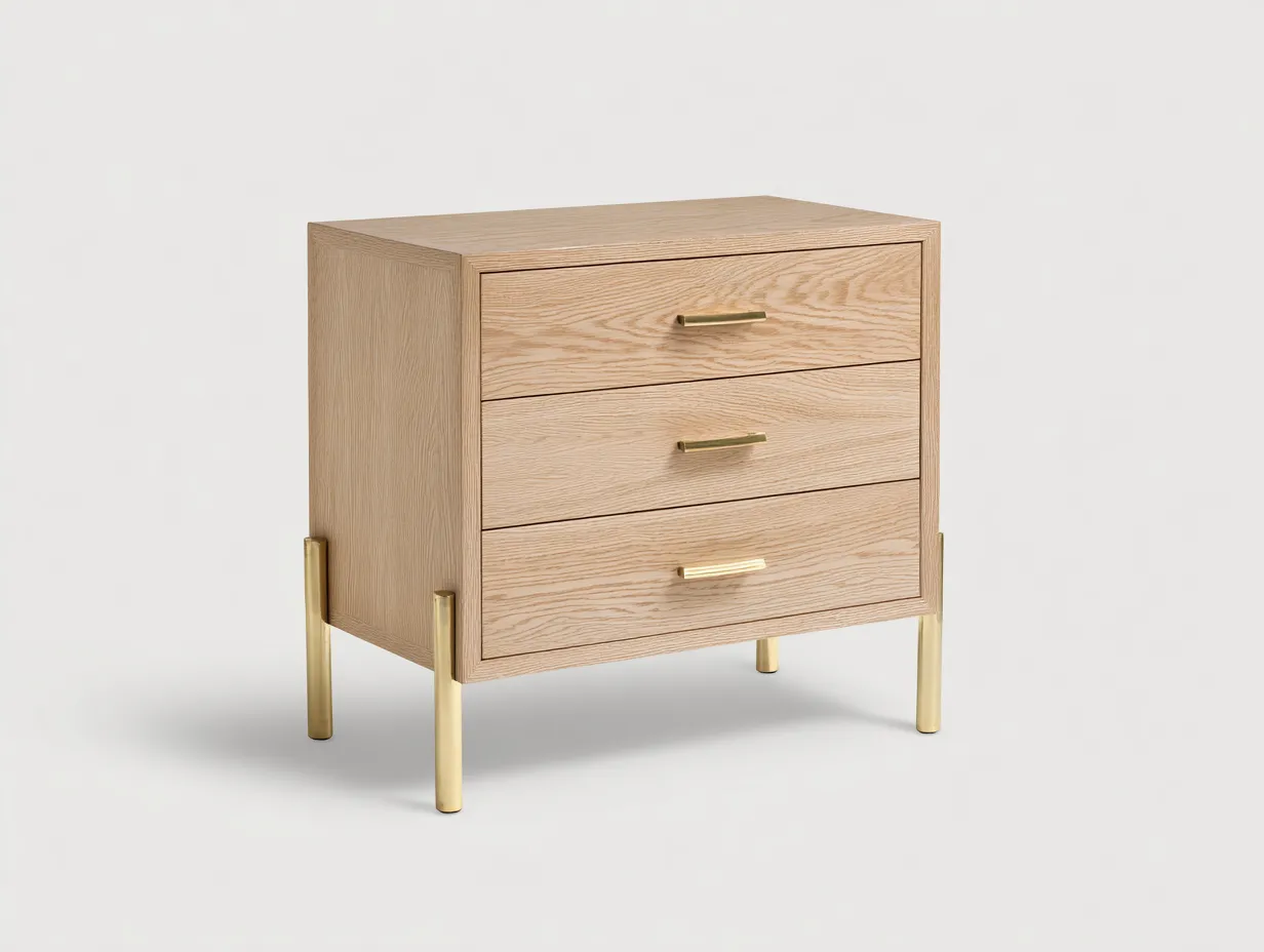Commode en bois clair 85x42x90 cm - chêne naturel/doré - style moderne - avec espace de rangement-Nestlego