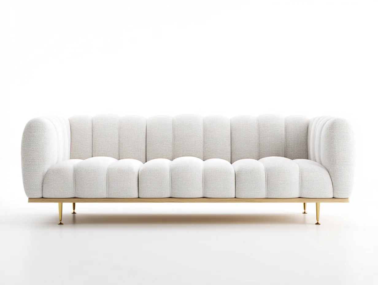 Canapé 3 places en tissu bouclette 210x90x85 cm - blanc - style moderne côtelé avec pieds dorés-Nestlego