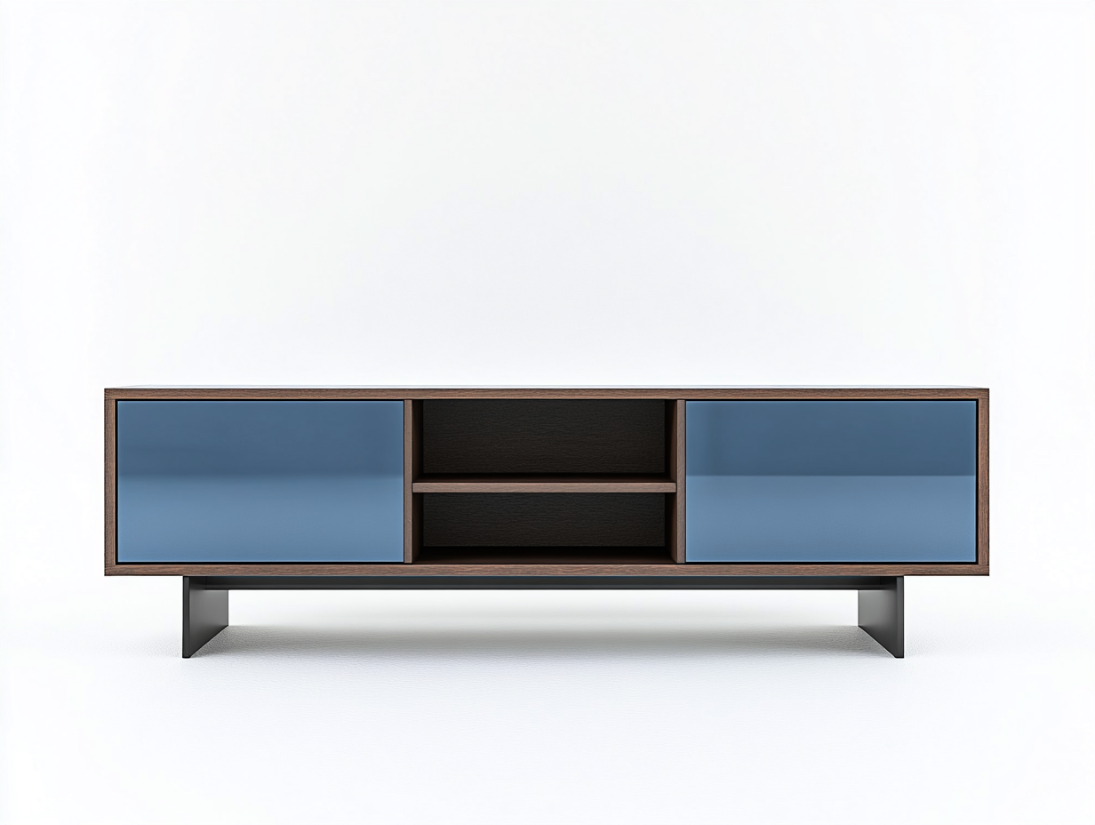 Meuble TV bois et métal 160x45x50 cm - bleu acier/noyer - avec espace de rangement - design moderne-Nestlego
