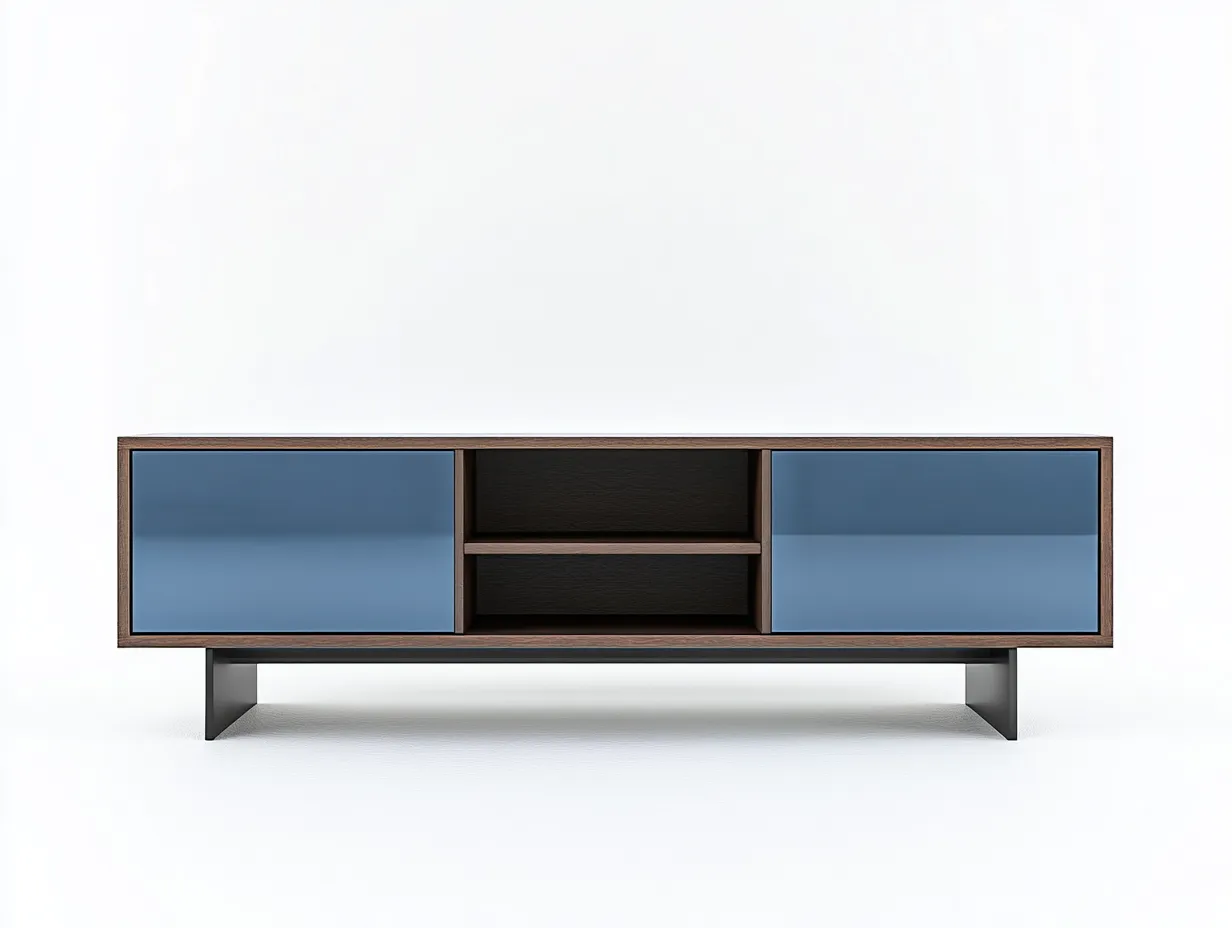 Meuble TV bois et métal 160x45x50 cm - bleu acier/noyer - avec espace de rangement - design moderne-Nestlego