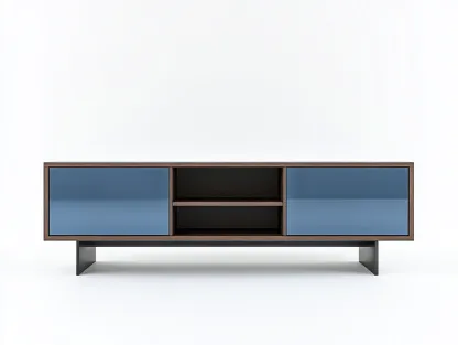 Meuble TV bois et métal 160x45x50 cm - bleu acier/noyer - avec espace de rangement - design moderne-Nestlego
