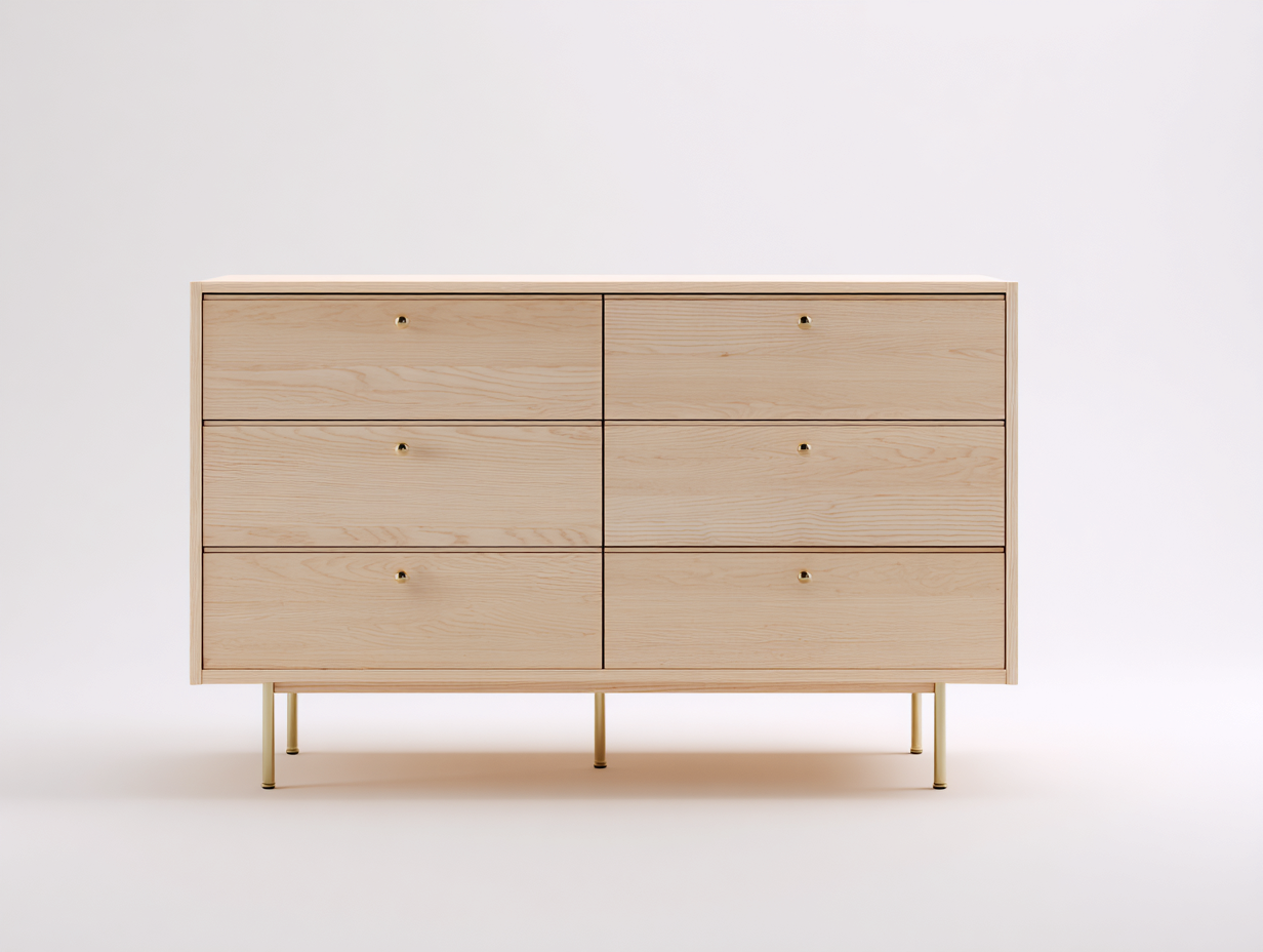 Commode en bois clair 120x42x80 cm - frêne naturel/ doré - style moderne - avec espace de rangement-Nestlego