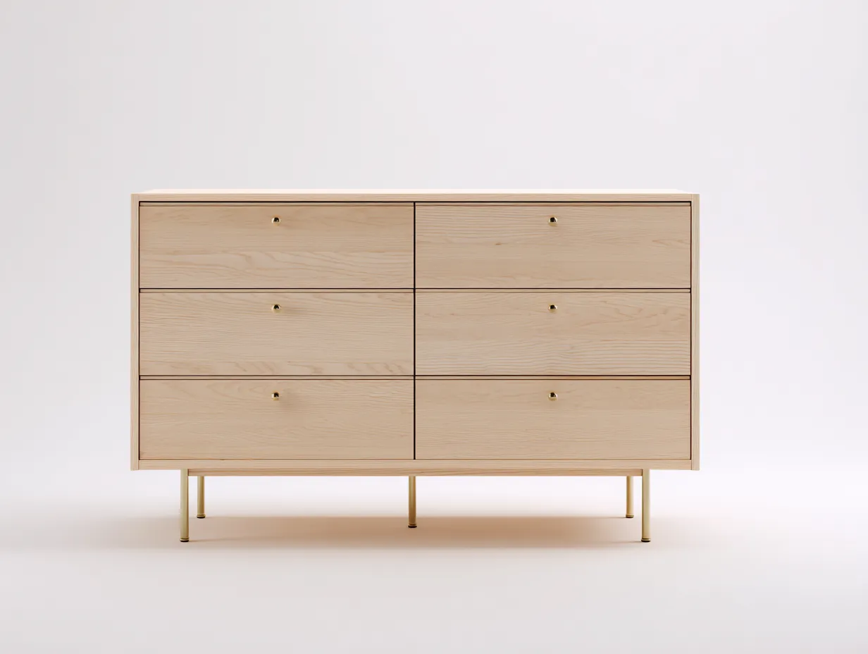 Commode en bois clair 120x42x80 cm - frêne naturel/ doré - style moderne - avec espace de rangement-Nestlego