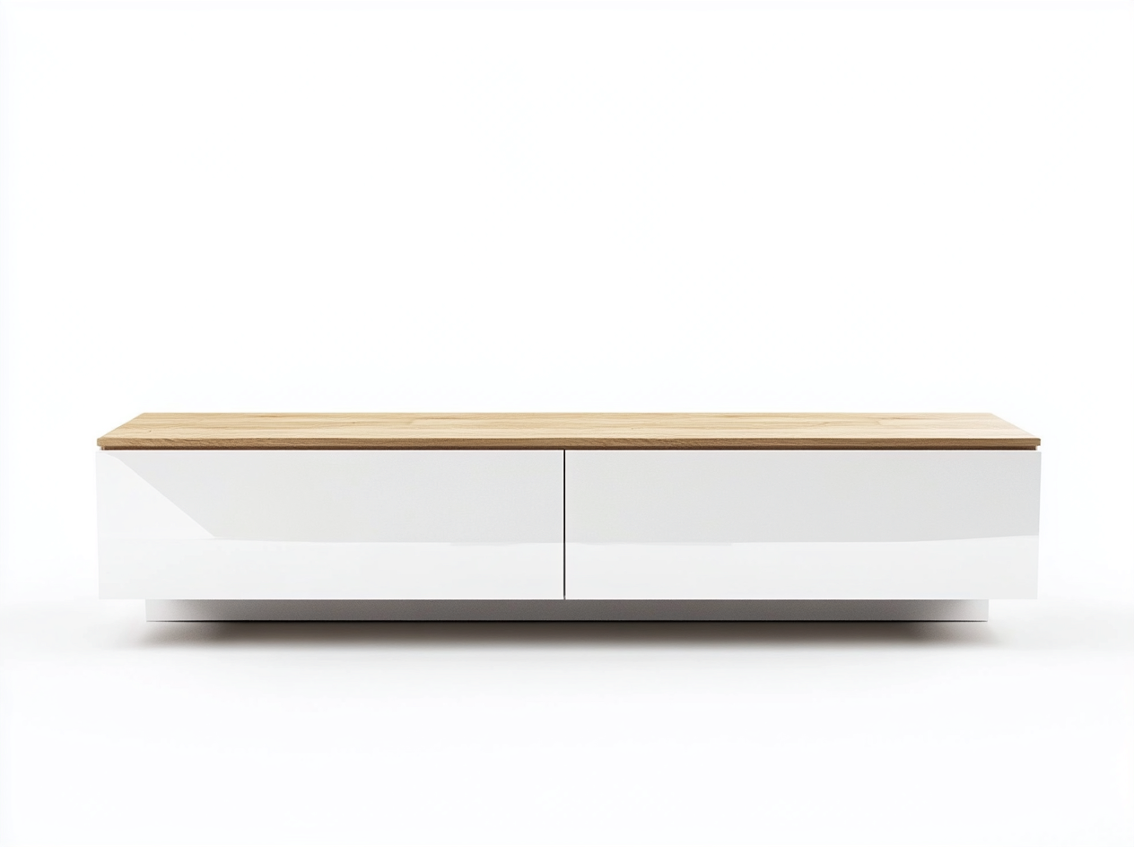 Meuble TV en bois MDF 180x40x40 cm - blanc brillant et chêne clair - design contemporain bas avec rangements intégrés-Nestlego