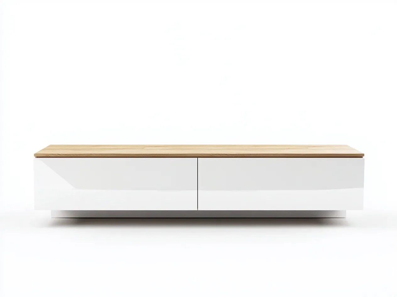 Meuble TV en bois MDF 180x40x40 cm - blanc brillant et chêne clair - design contemporain bas avec rangements intégrés-Nestlego