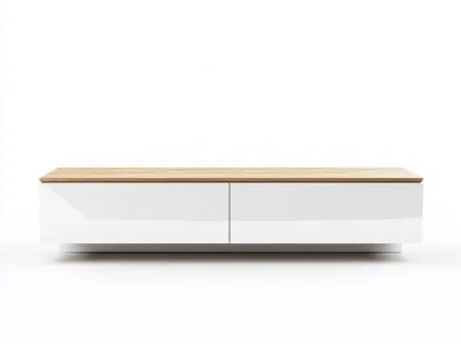 Meuble TV en bois MDF 180x40x40 cm - blanc brillant et chêne clair - design contemporain bas avec rangements intégrés-Nestlego