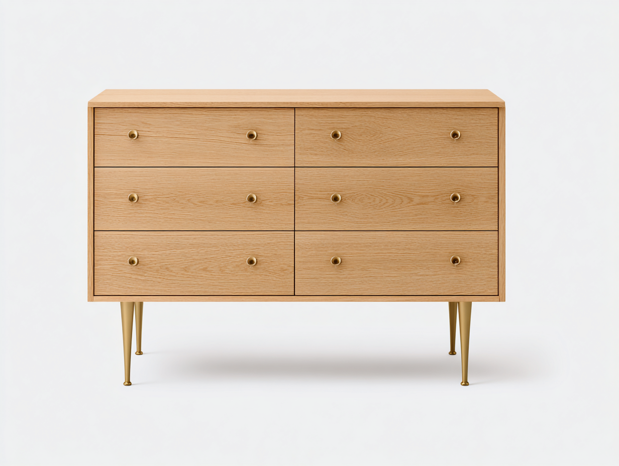 Commode en bois clair sur pieds métalliques 110x42x80 cm - chêne naturel/doré - style rétro moderne-Nestlego