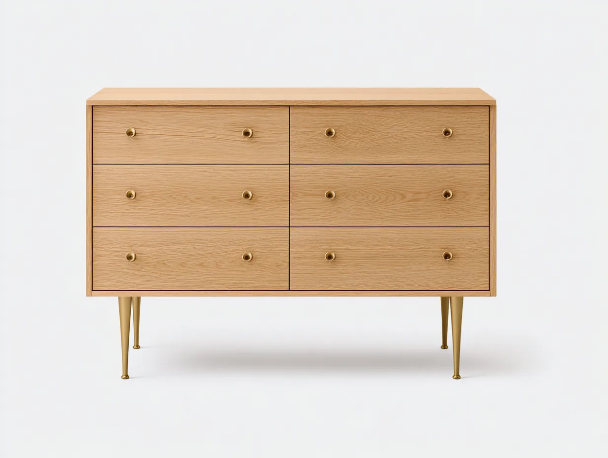 Commode en bois clair sur pieds métalliques 110x42x80 cm - chêne naturel/doré - style rétro moderne-Nestlego