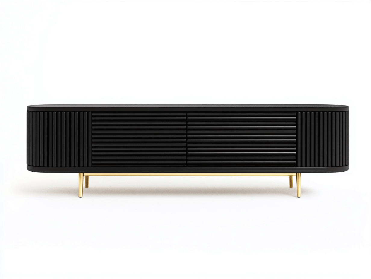 Meuble TV en bois MDF 165x40x55 cm - noir mat et doré - design moderne avec coins arrondis et façade à lames horizontales-Nestlego