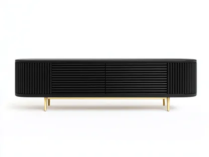 Meuble TV en bois MDF 165x40x55 cm - noir mat et doré - design moderne avec coins arrondis et façade à lames horizontales-Nestlego